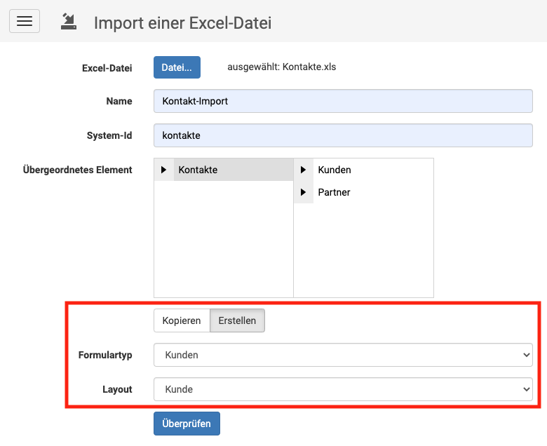 Data import: create elements