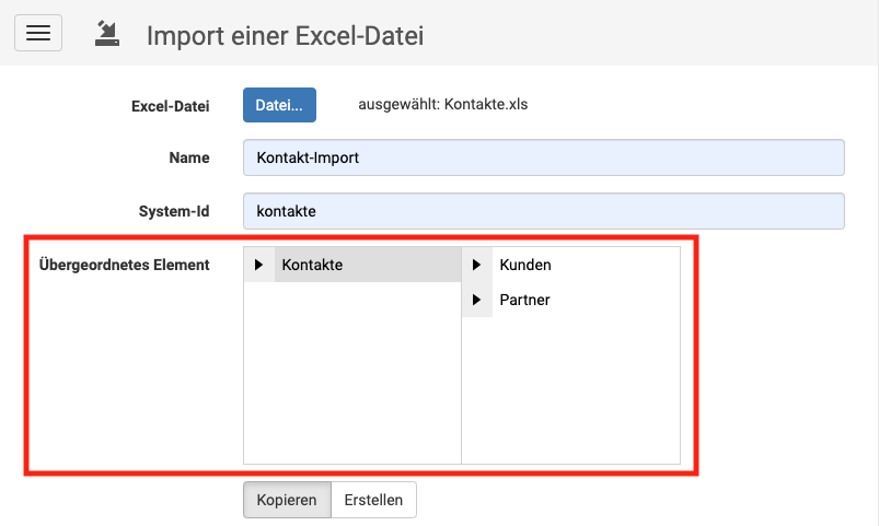 Data import: Select parent element