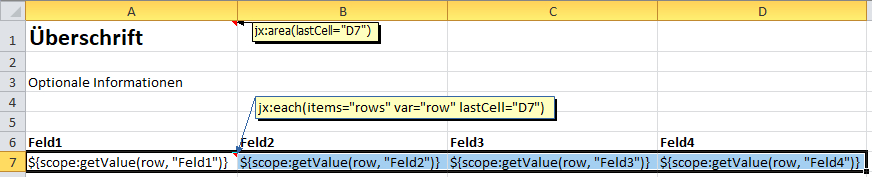 Example of a row range in an Excel template